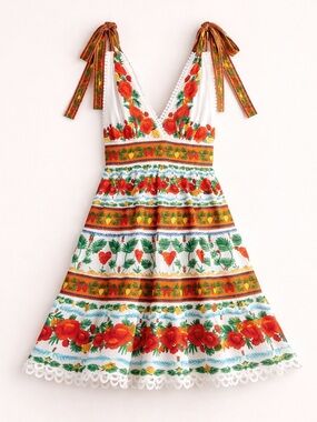 Farm Rio Floral Tie Shoulder Mini Dress Cotton L Embroidered